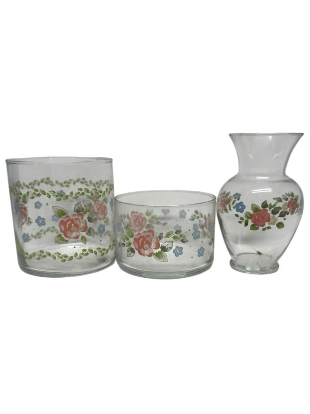 3PC Pfaltzgraff Perennials Tea Rose Glass Decor Collection Vase & Votive Holders